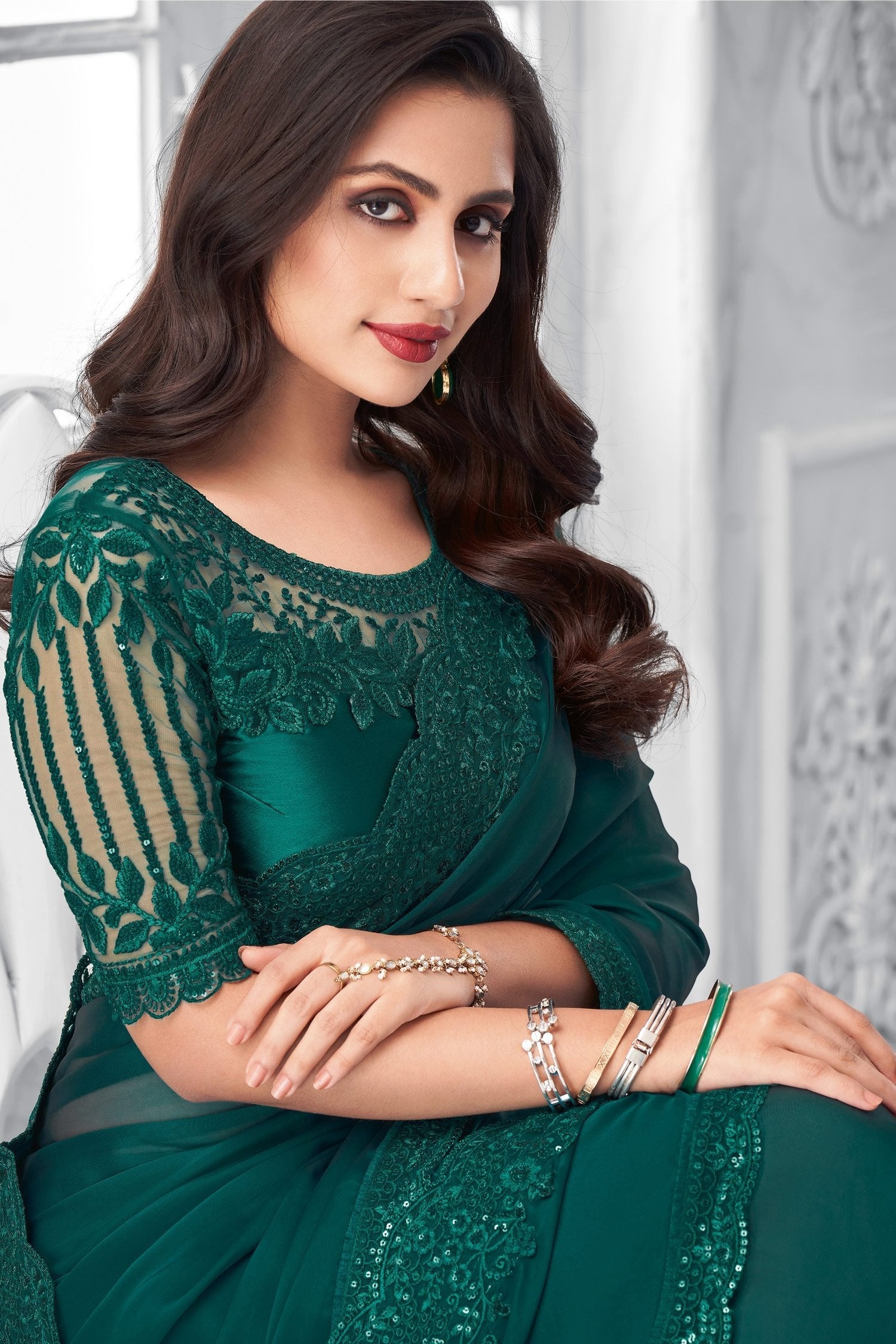 Deep Sea Green Two Tone Georgette Designer Silk Sraee