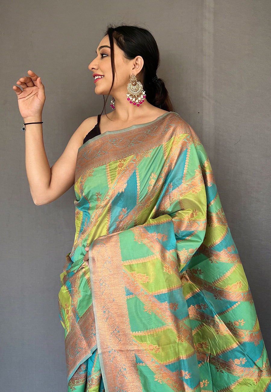 Moss Green and Blue Copper Zari Woven Organza Saree