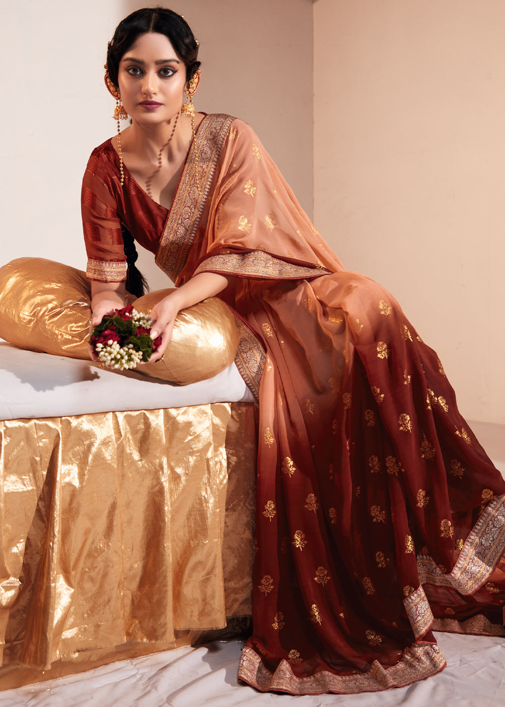 Tonys Peach Woven Georgette Silk Saree