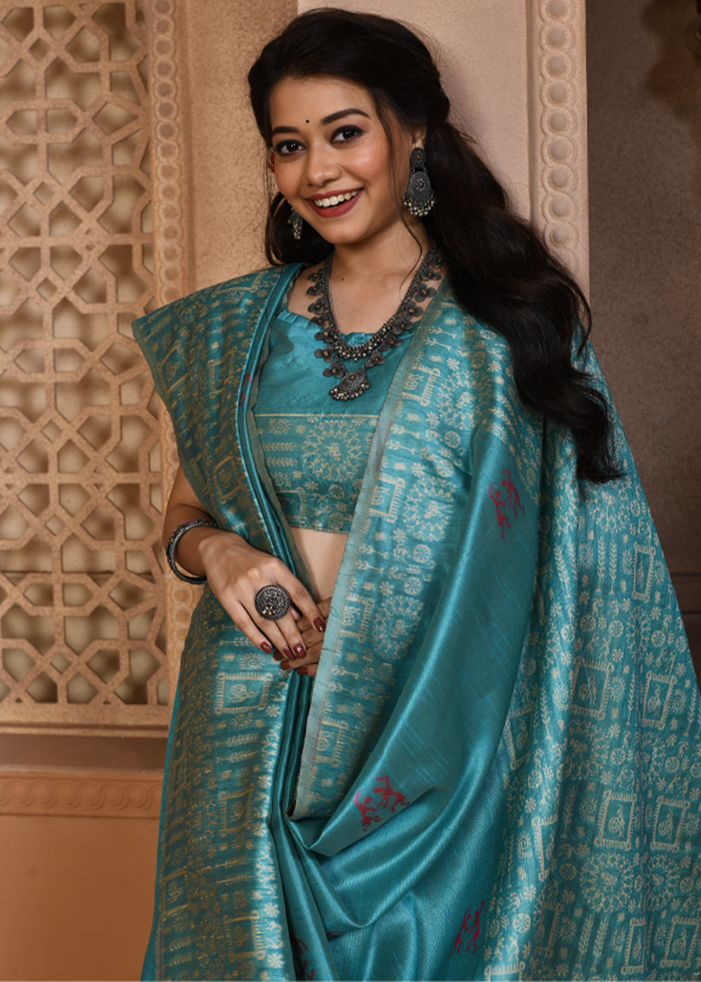 Faded Jade Blue Woven Textured Cotton Silk Saree