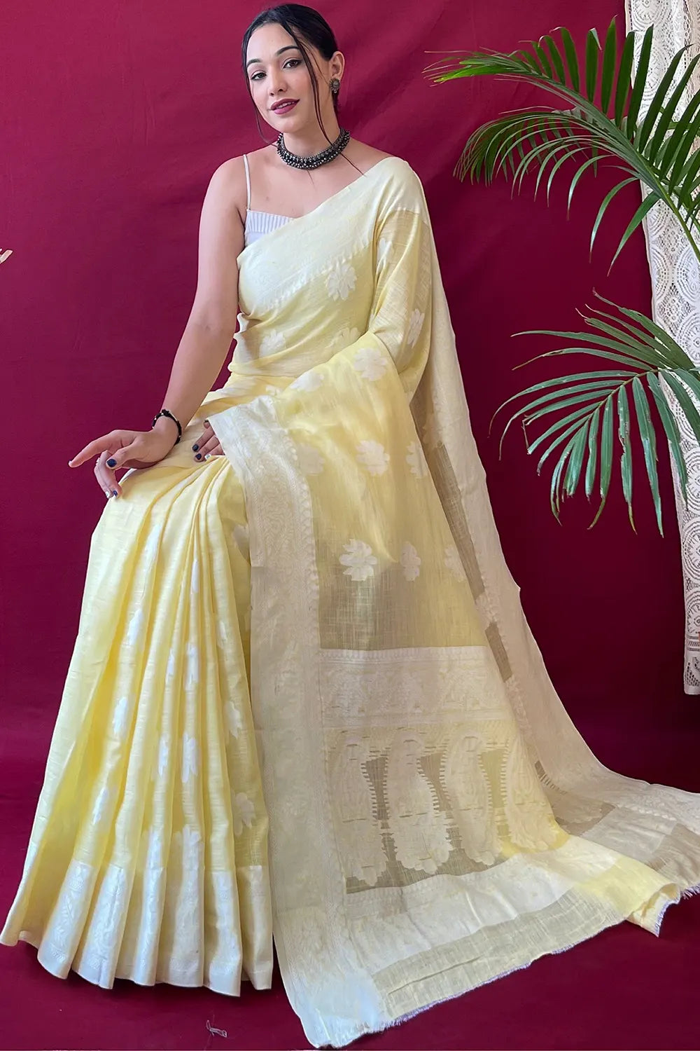 Caper Yellow Lucknowi Woven Linen Saree