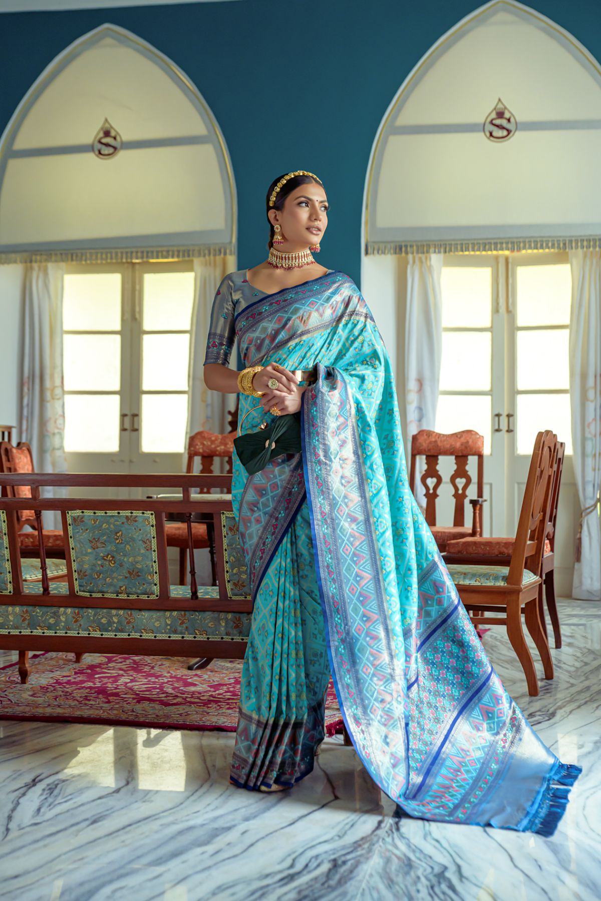 Robins Egg Blue Banarasi Patola Silk Saree