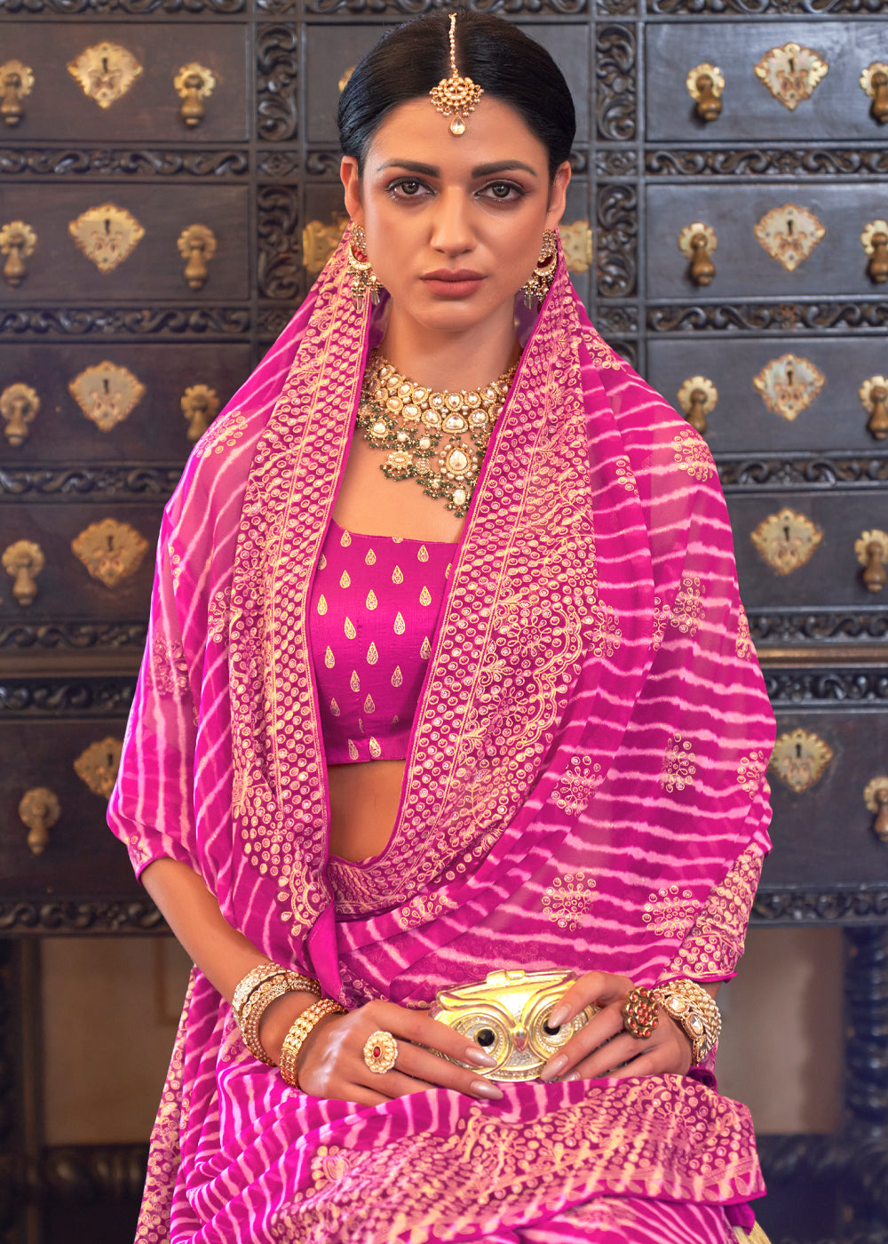 Brilliant Rose Pink Lehariya Georgette Silk Saree