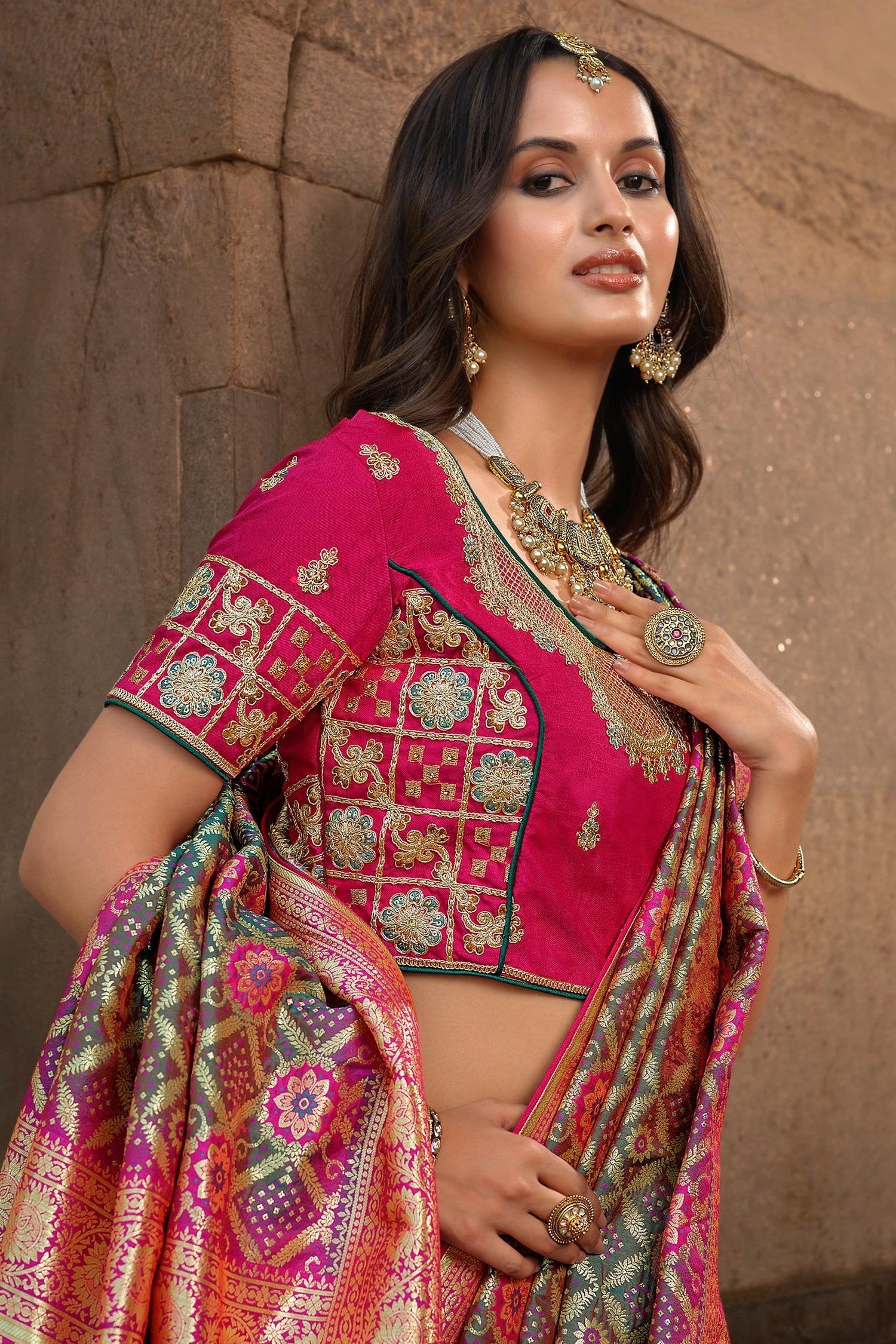 Dingley Green and Pink Designer Banarasi Woven Silk Saree