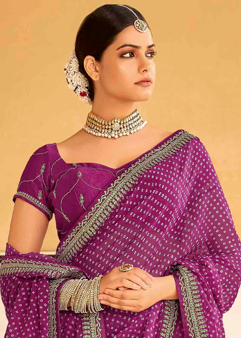 Rouge Purple Georgette Leheriya Printed Saree with Embroidered Blouse