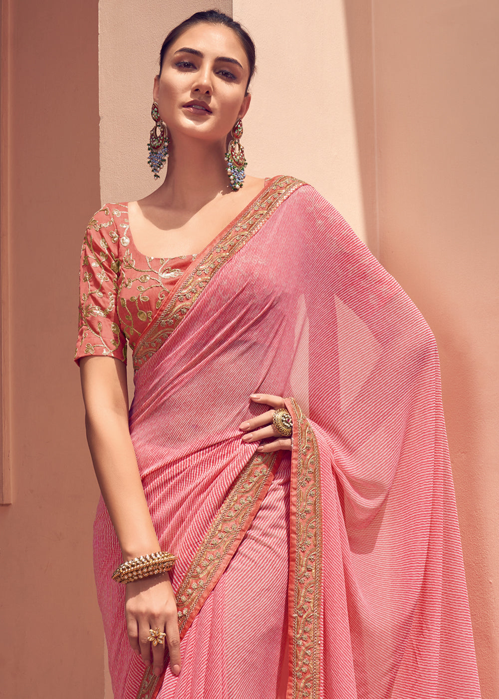 Petite Pink Lehriya Print Georgette Saree With Embroidered Blouse