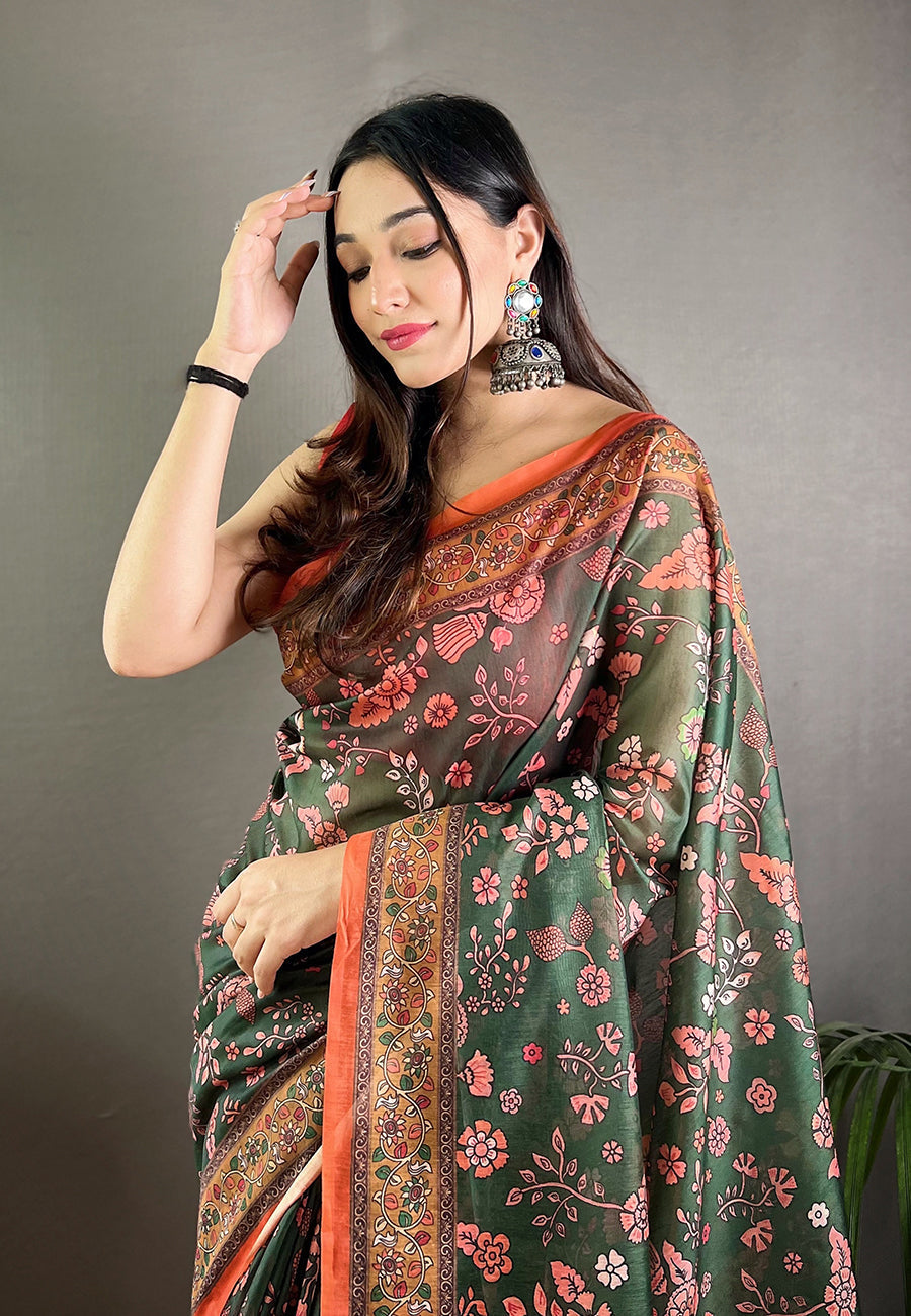 Killarney Green Cotton Kalamkari Printed Saree