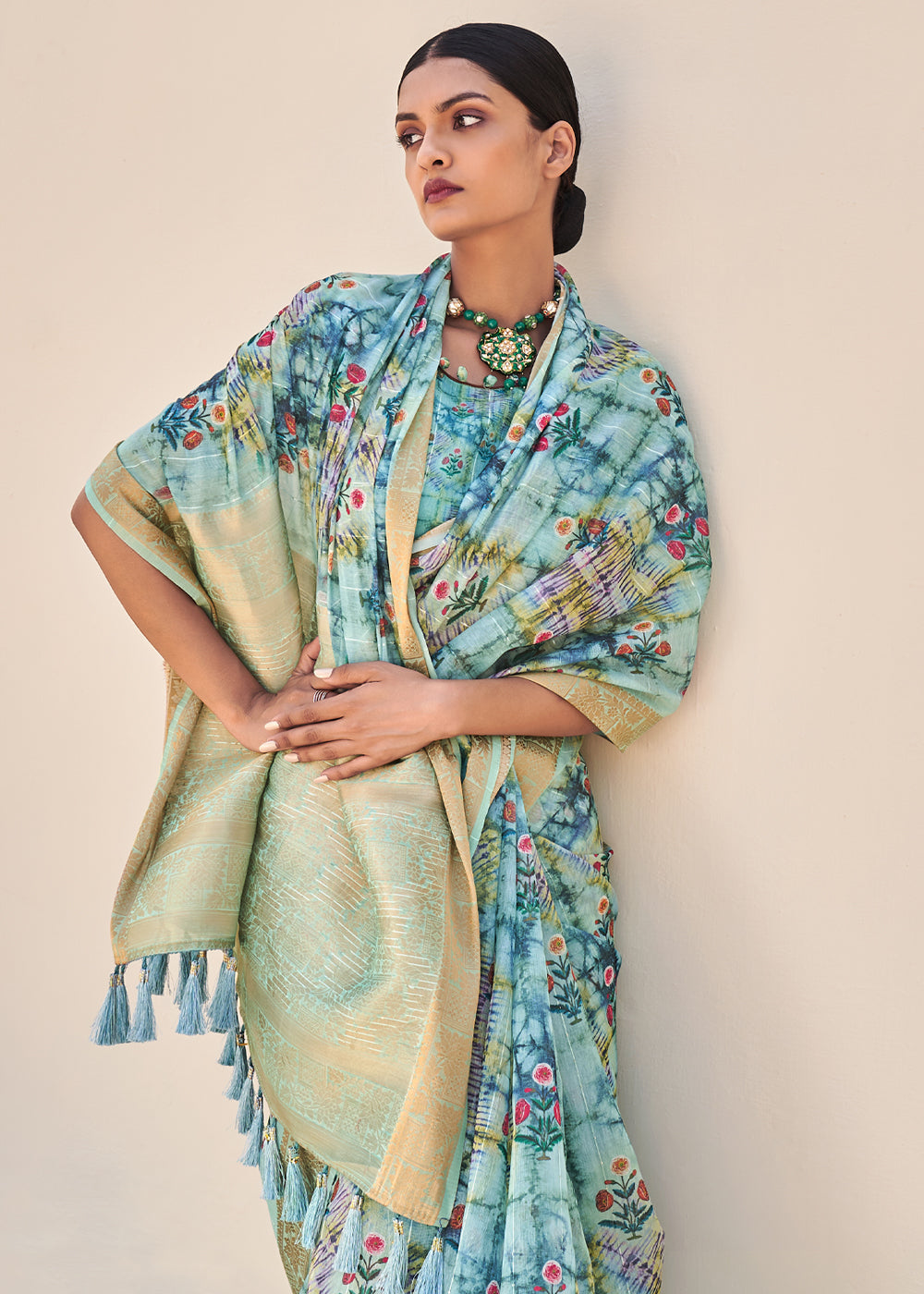 Juniper Blue Digital Print Linen Saree