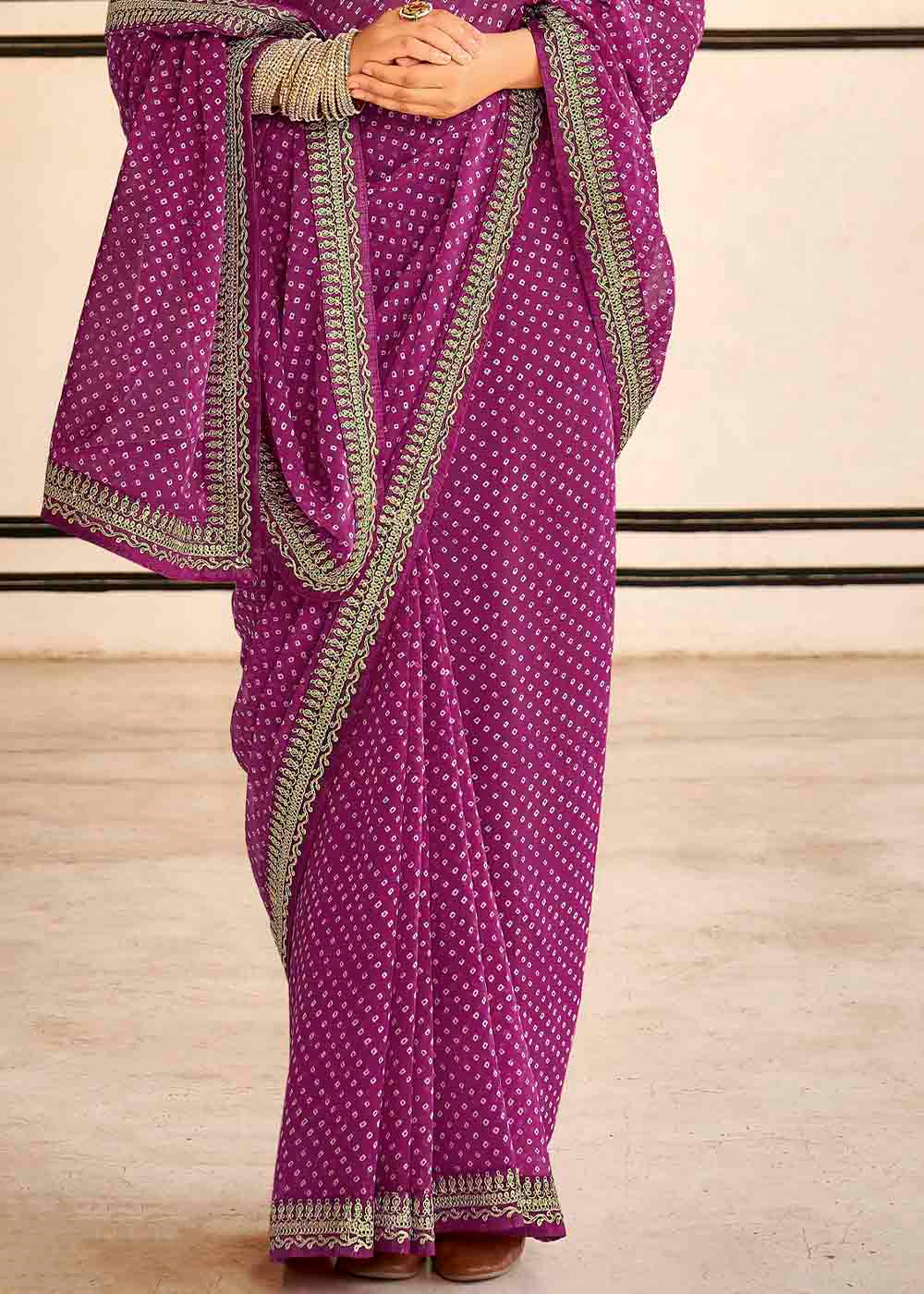 Rouge Purple Georgette Leheriya Printed Saree with Embroidered Blouse