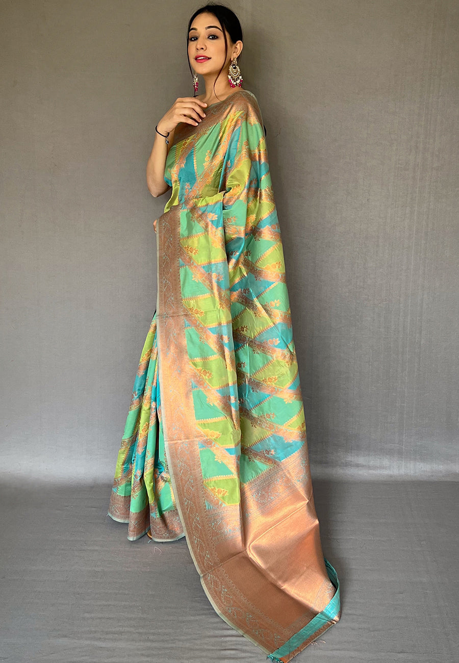 Moss Green and Blue Copper Zari Woven Organza Saree