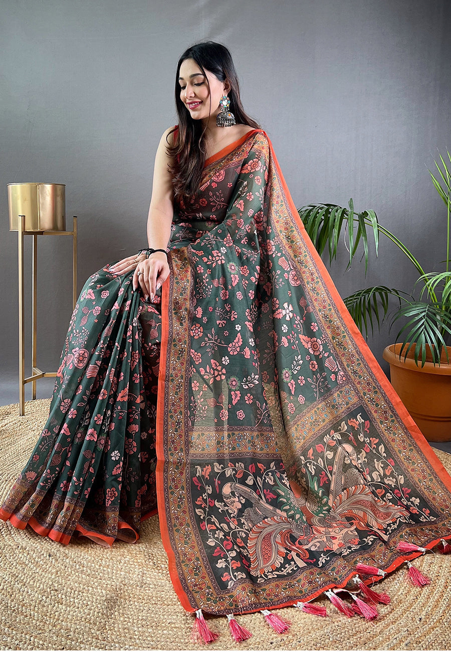 Killarney Green Cotton Kalamkari Printed Saree