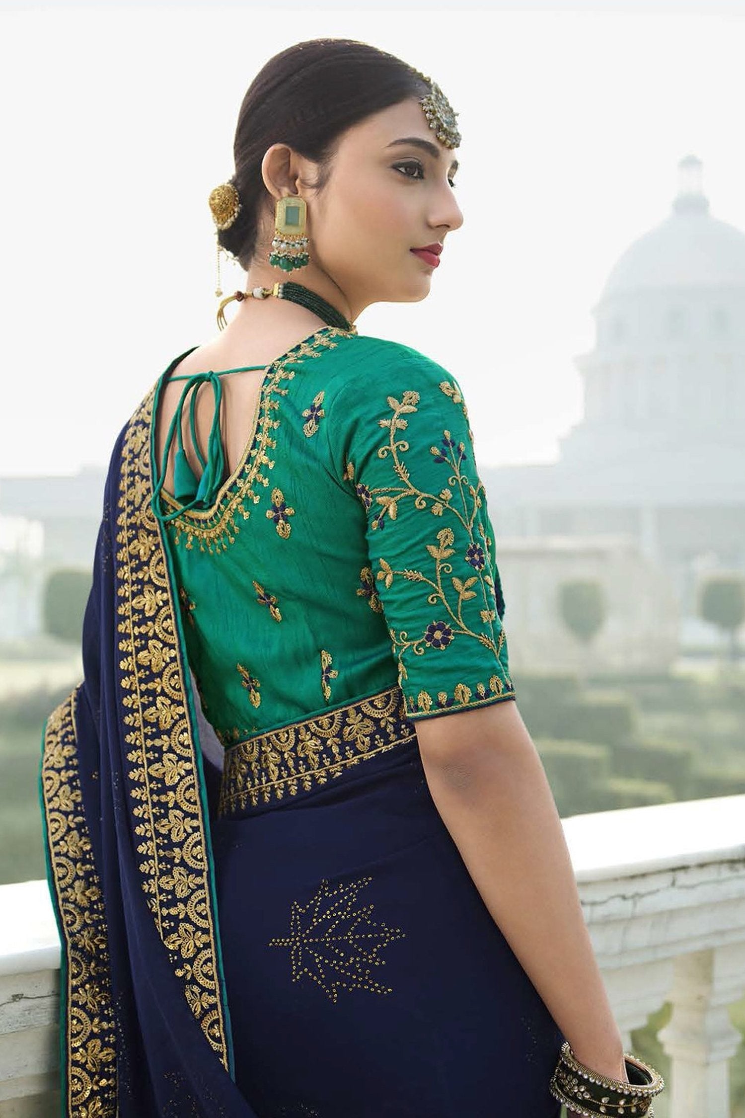 Mirage Blue and Green Chiffon Stone Work Saree