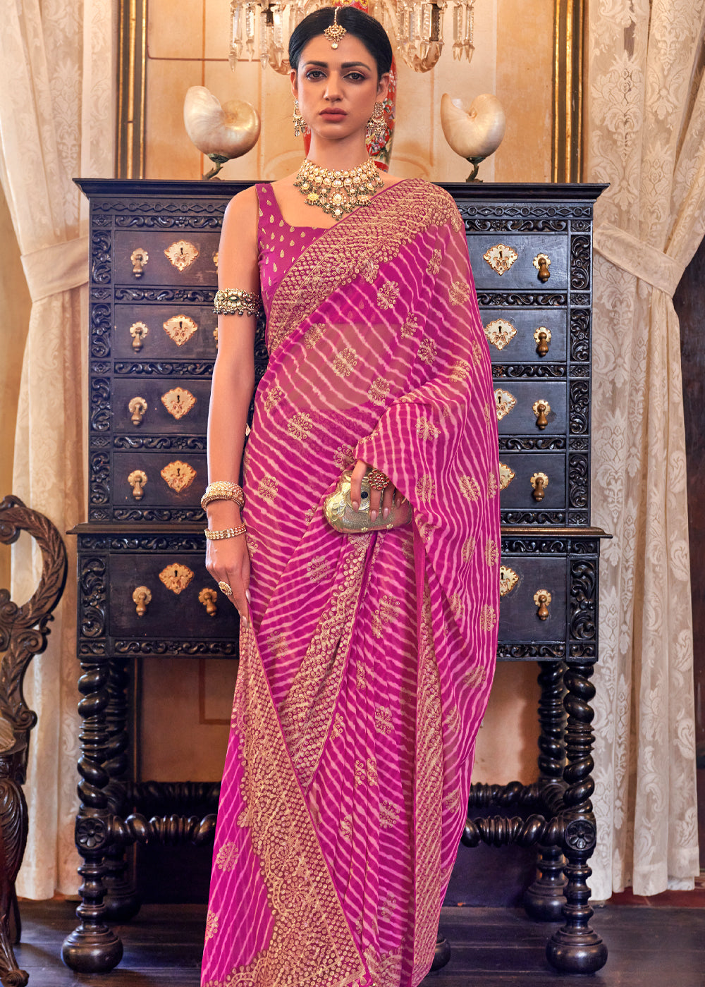 Brilliant Rose Pink Lehariya Georgette Silk Saree