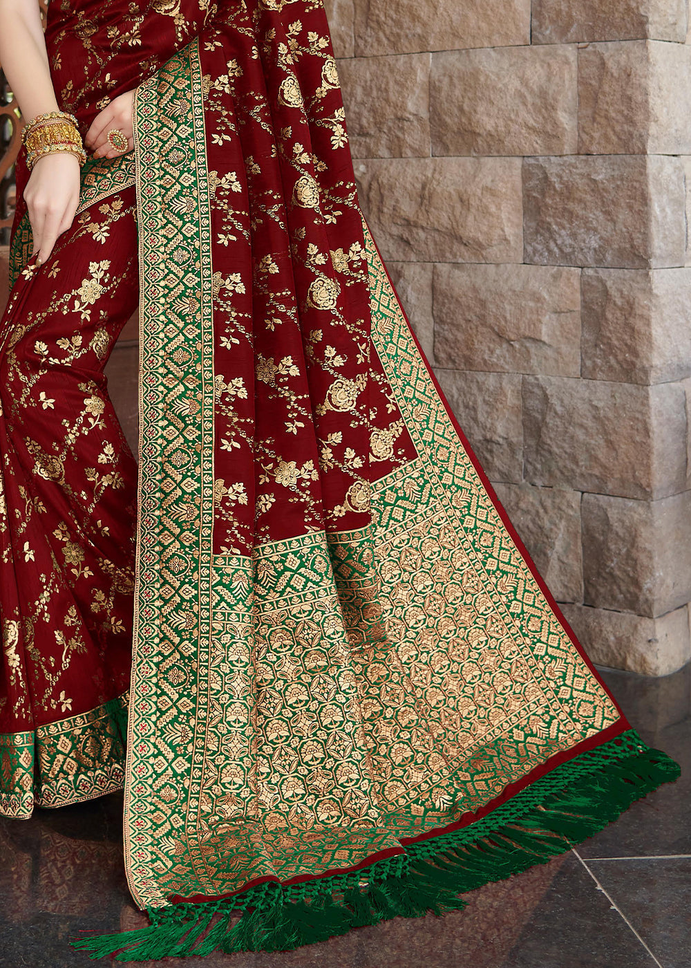 Espresso Red Zari Woven Banarasi Silk Saree