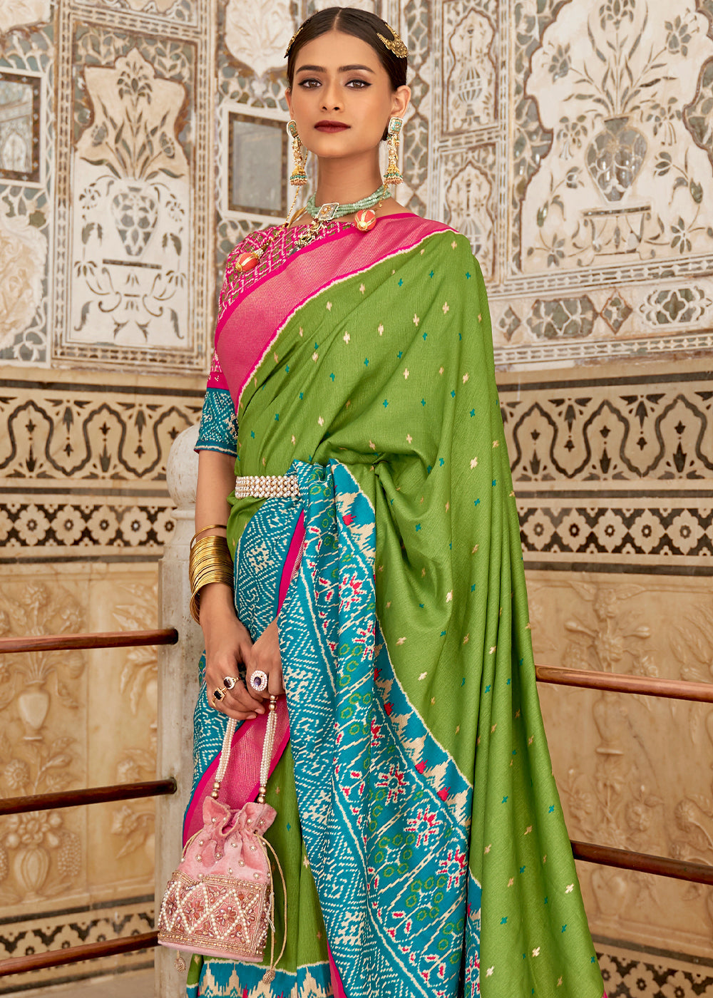 Green Pink and Blue Cotton Patola Printed Saree