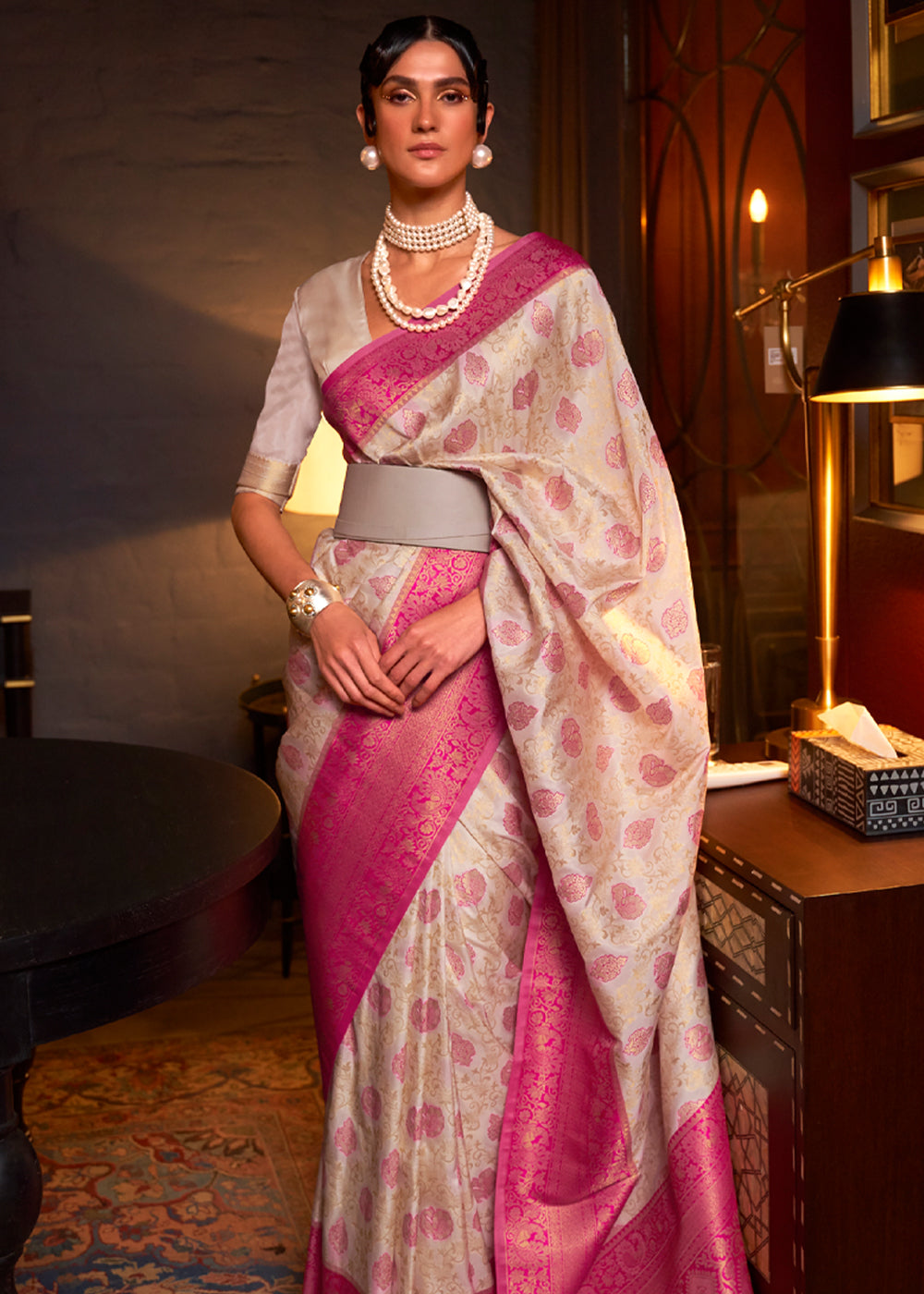 Egg Sour White and Pink Woven Banarasi Soft Silk Saree