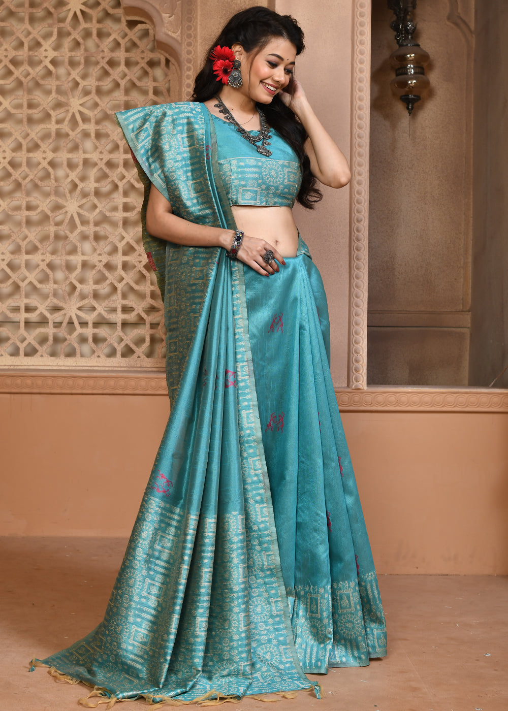 Faded Jade Blue Woven Textured Cotton Silk Saree