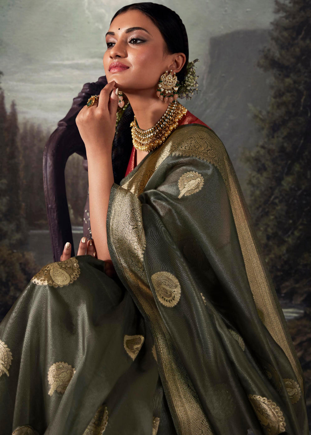 Fuscous Grey Woven Banarasi Organza Silk Saree