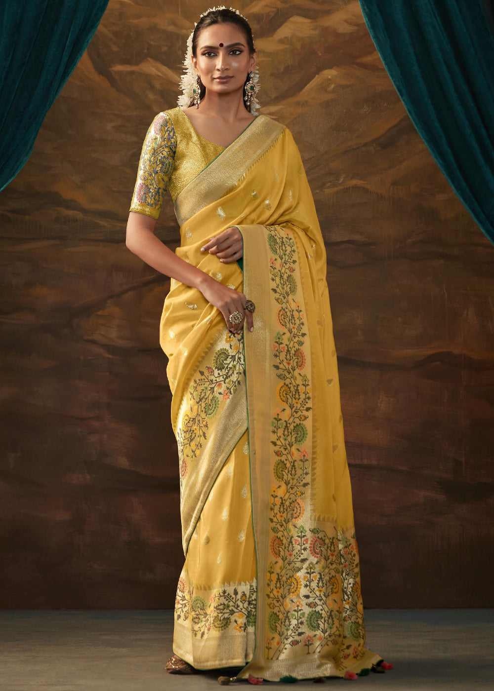 Apache Yellow Woven Paithani Banarasi Soft Silk Saree