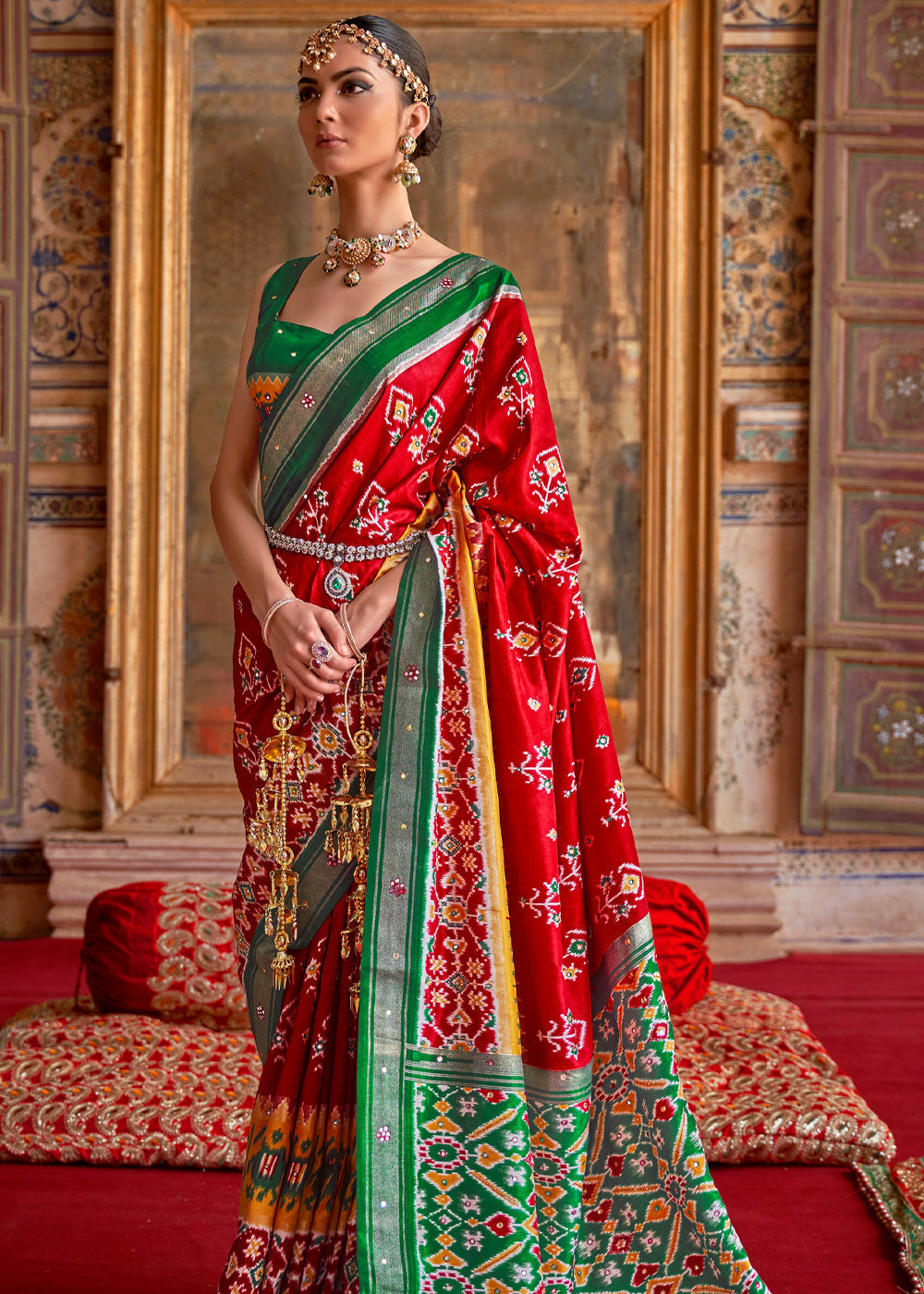 Mahogany Red and Green Woven Patola Silk Saree