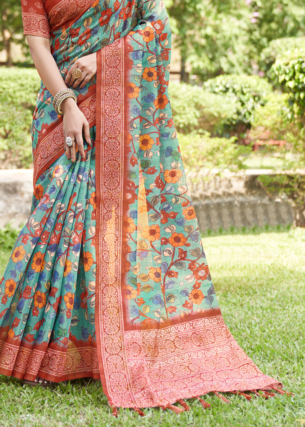 Neptune Blue Linen Kalamkari Digital Print Saree