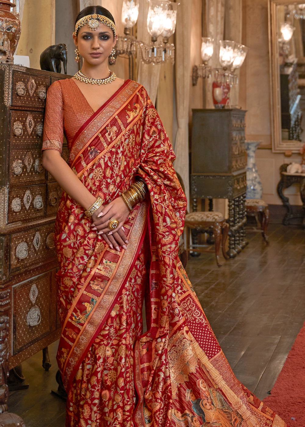 Apple Blossom Red Woven Digital Printed Patola Saree