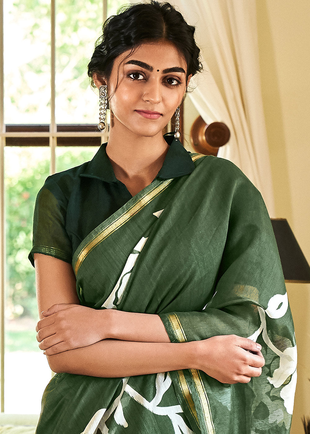 Everglade Green Cotton Linen Batik Printed Saree