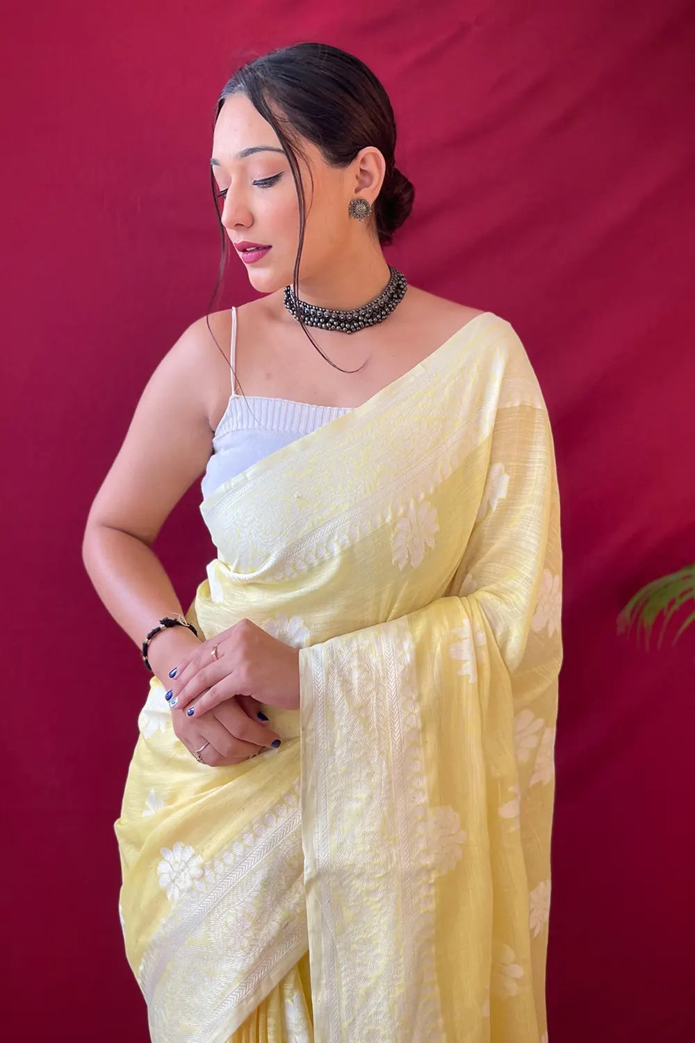 Caper Yellow Lucknowi Woven Linen Saree