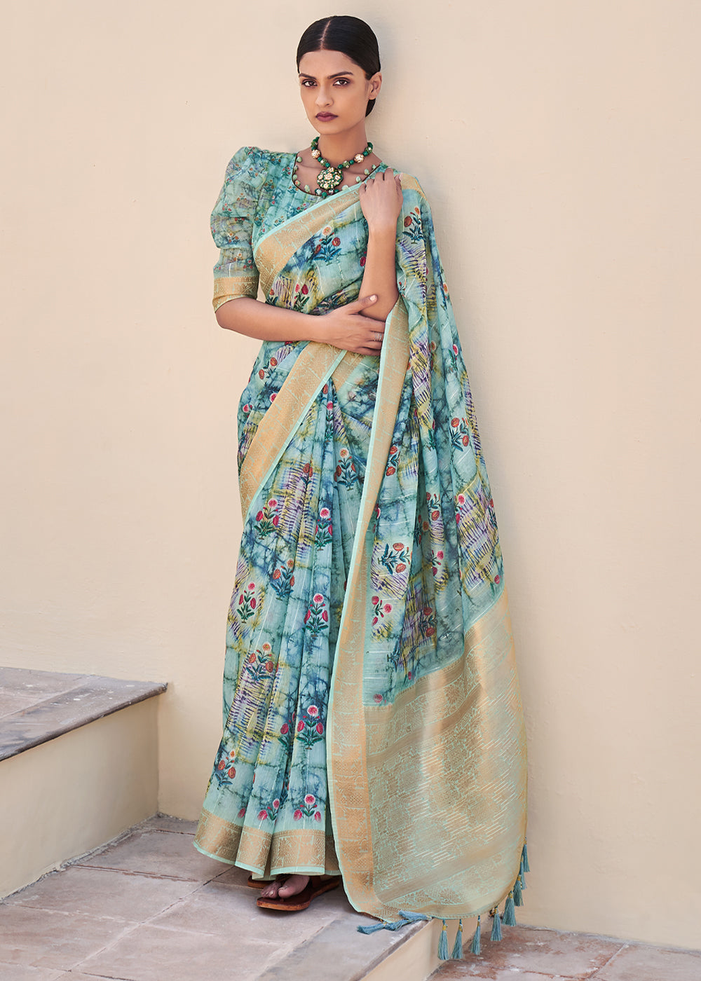 Juniper Blue Digital Print Linen Saree