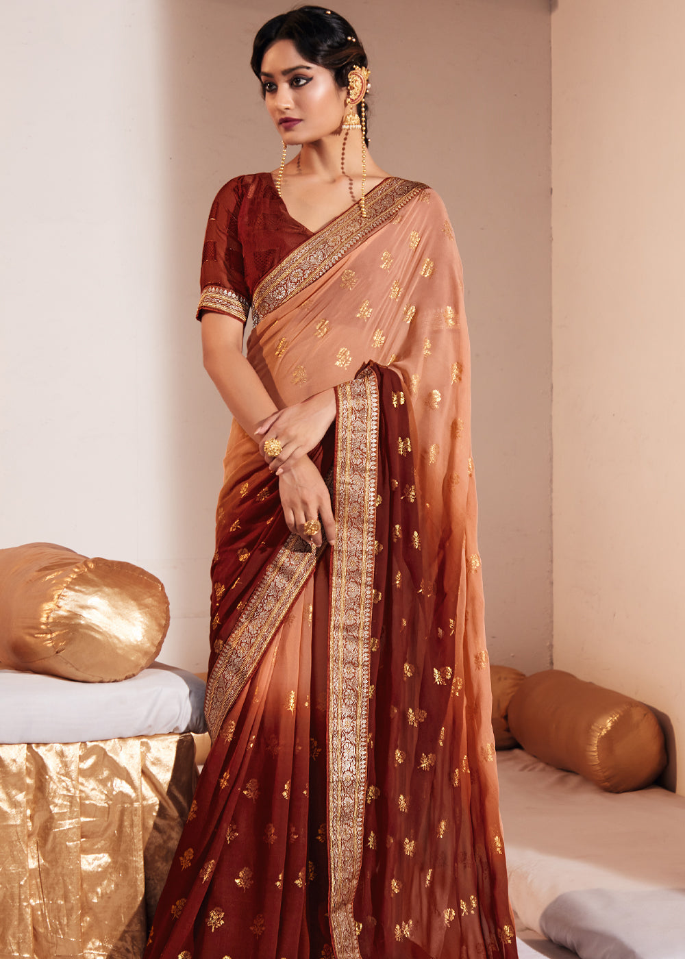 Tonys Peach Woven Georgette Silk Saree