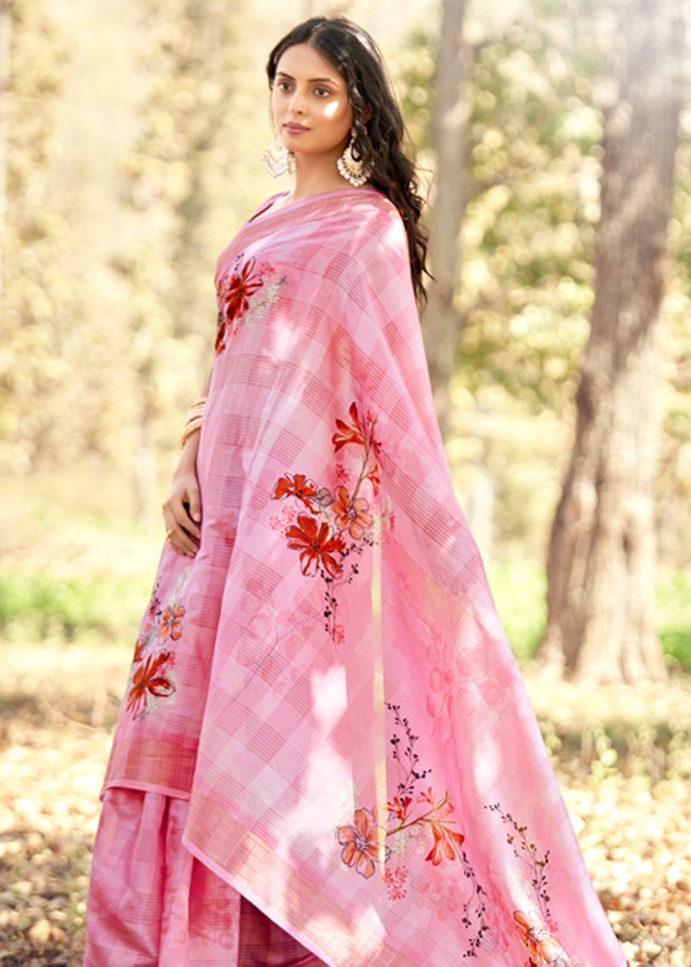 Sea Pink Floral Printed Cotton Silk Saree