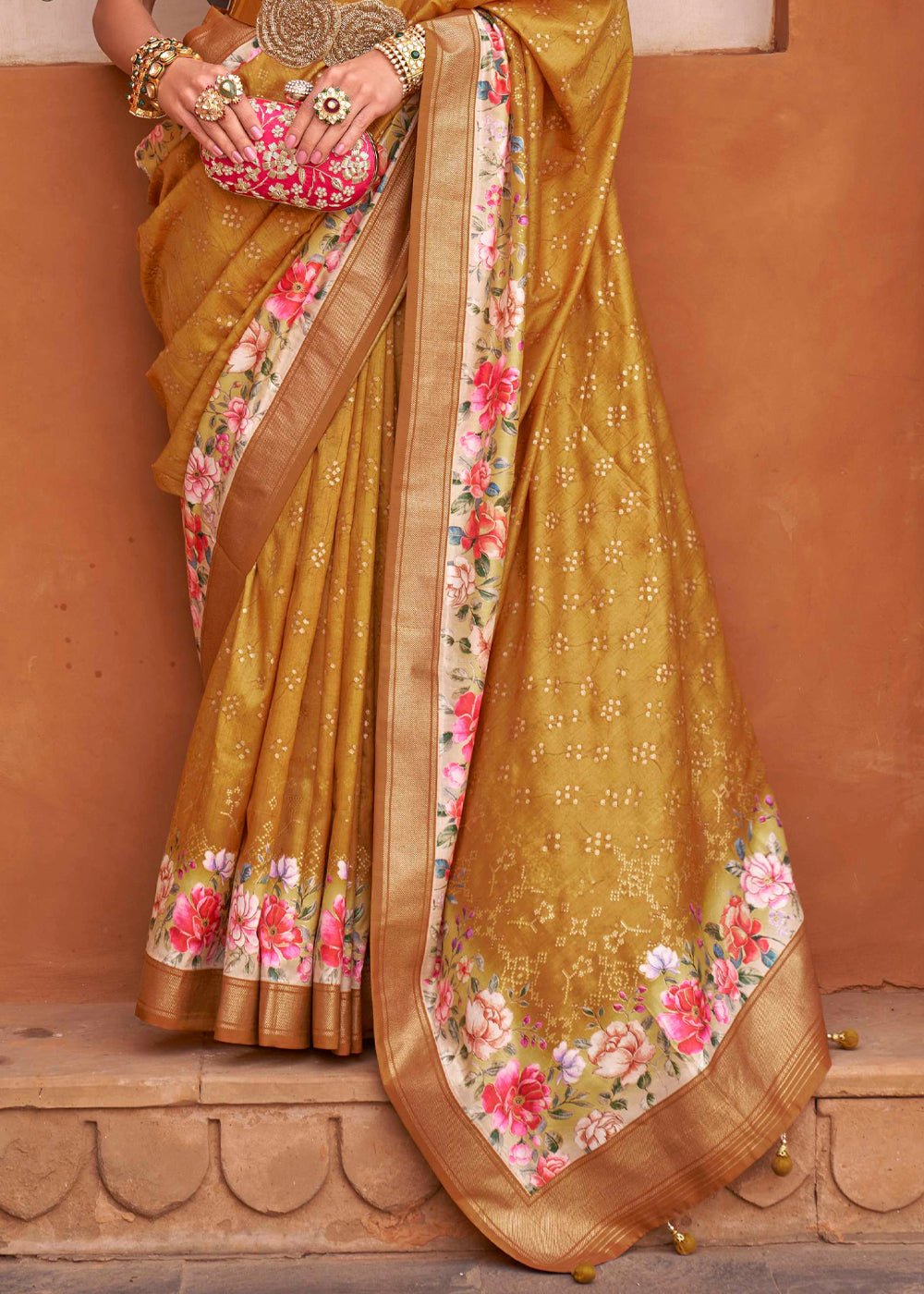 Ochre Yellow Soft Floral Printed Silk Saree