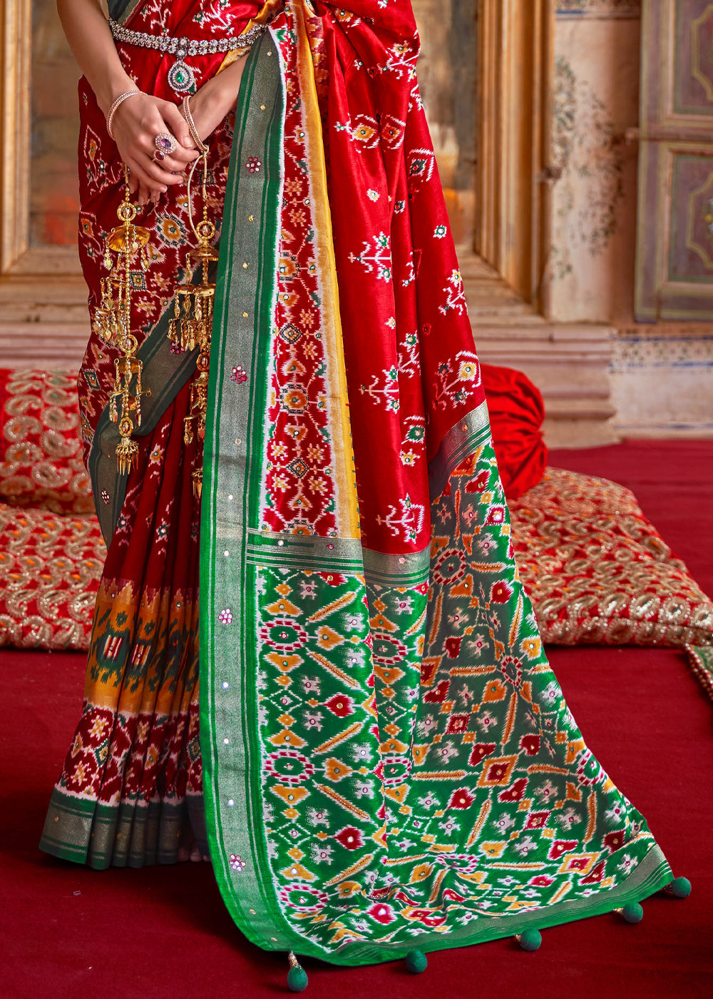 Mahogany Red and Green Woven Patola Silk Saree