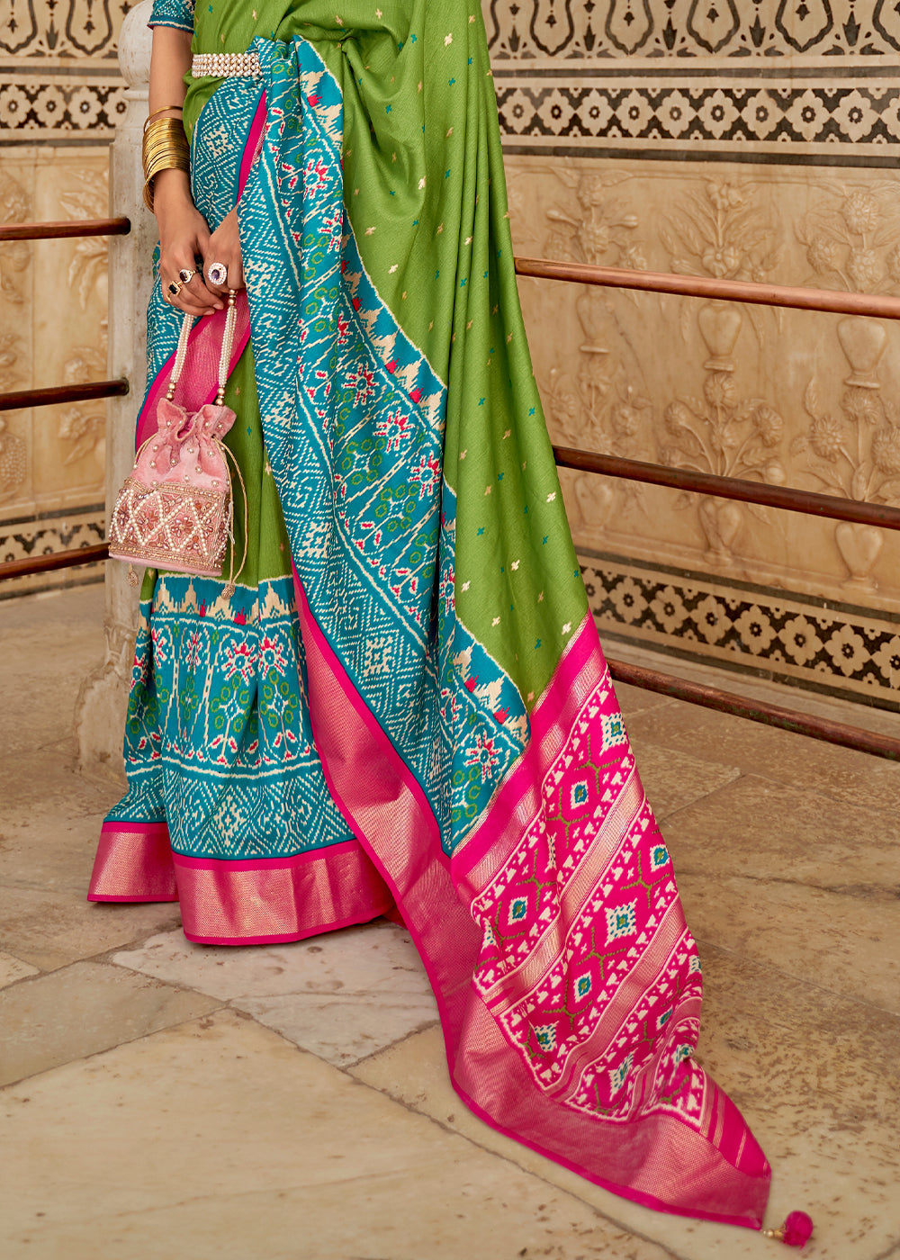 Green Pink and Blue Cotton Patola Printed Saree