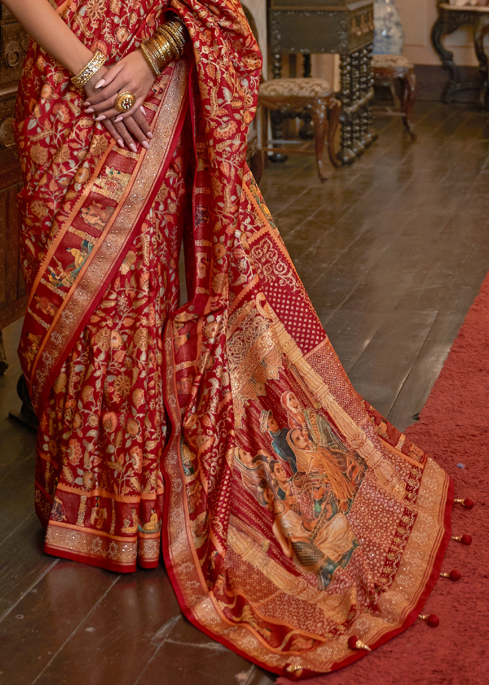 Apple Blossom Red Woven Digital Printed Patola Saree