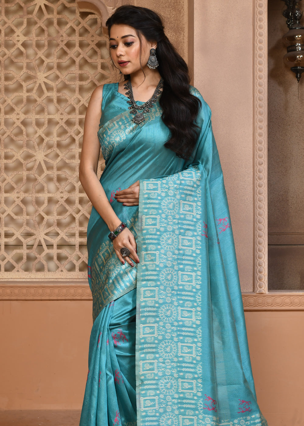 Faded Jade Blue Woven Textured Cotton Silk Saree