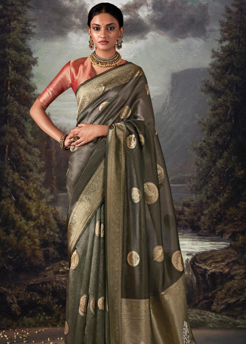 Fuscous Grey Woven Banarasi Organza Silk Saree