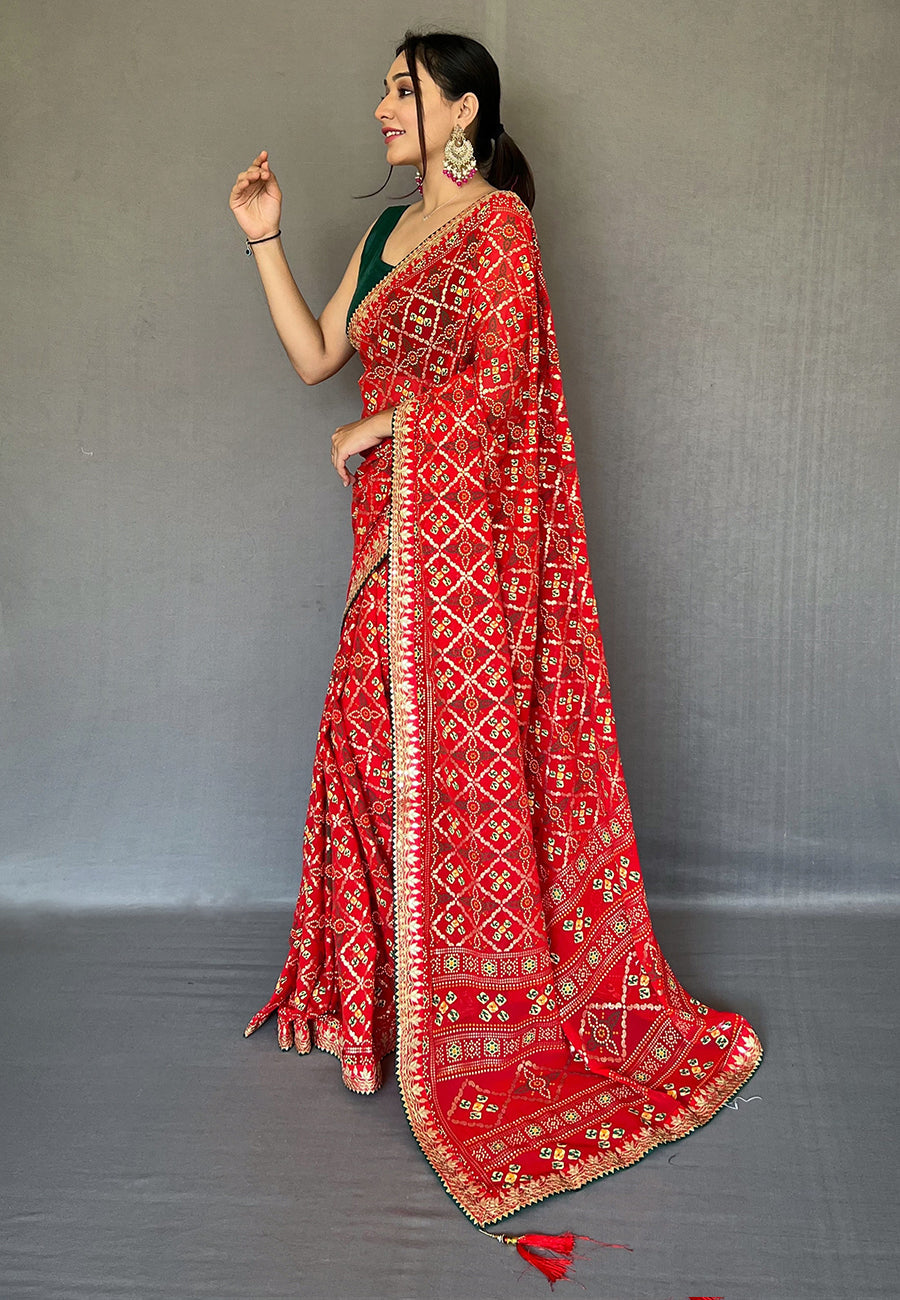 Salmon Pearl Embroidered Georgette Bandhani Saree