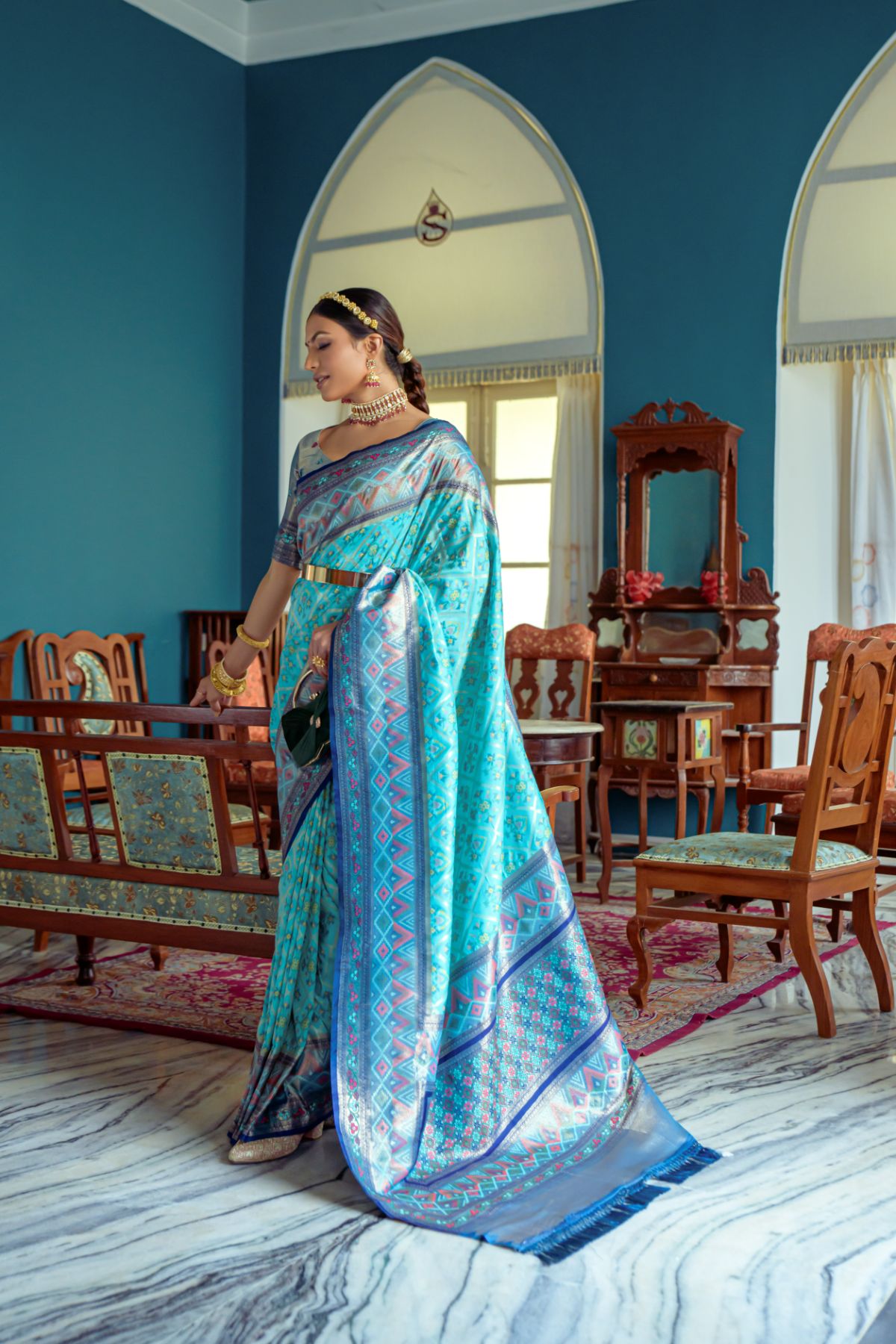 Robins Egg Blue Banarasi Patola Silk Saree