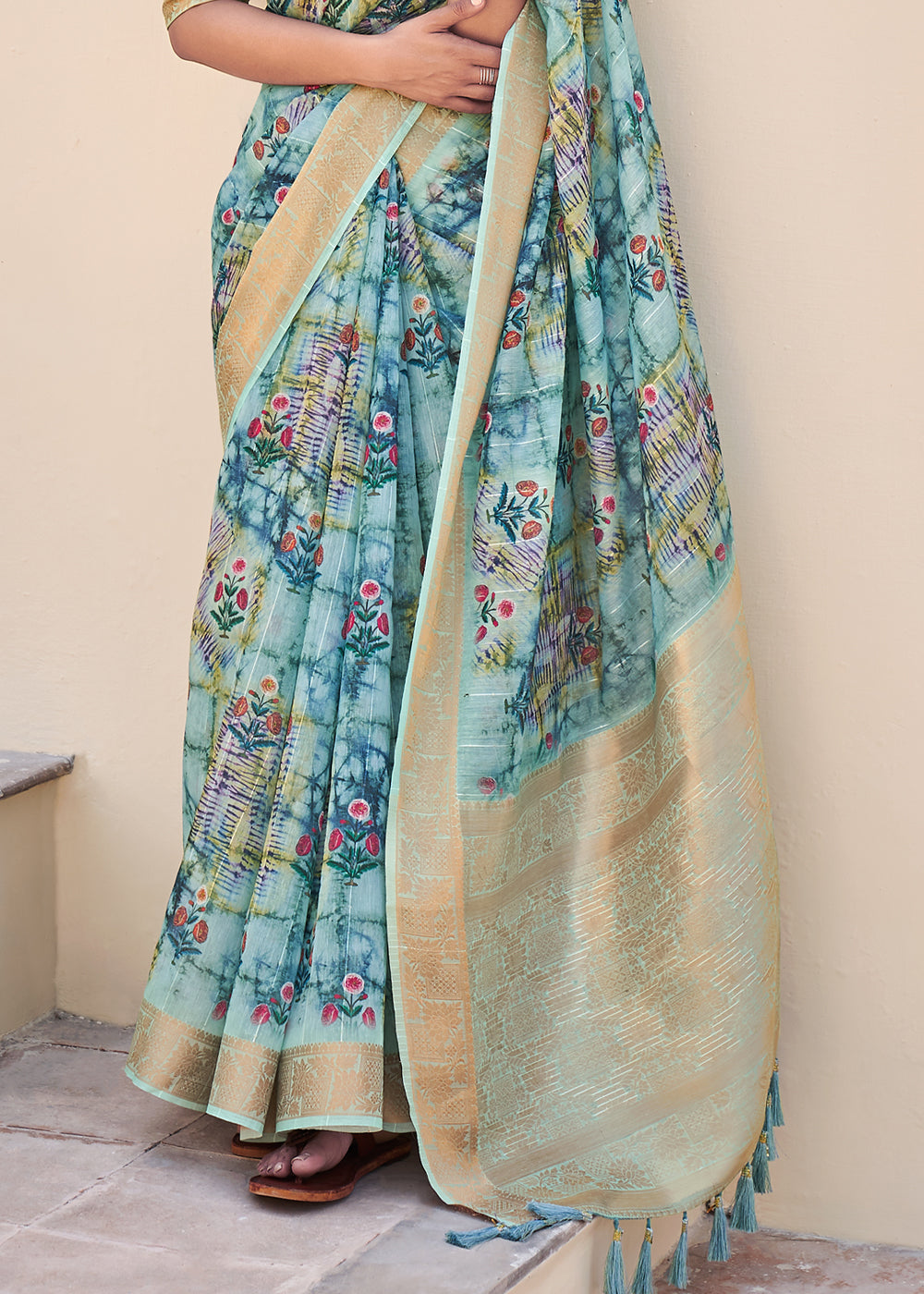 Juniper Blue Digital Print Linen Saree