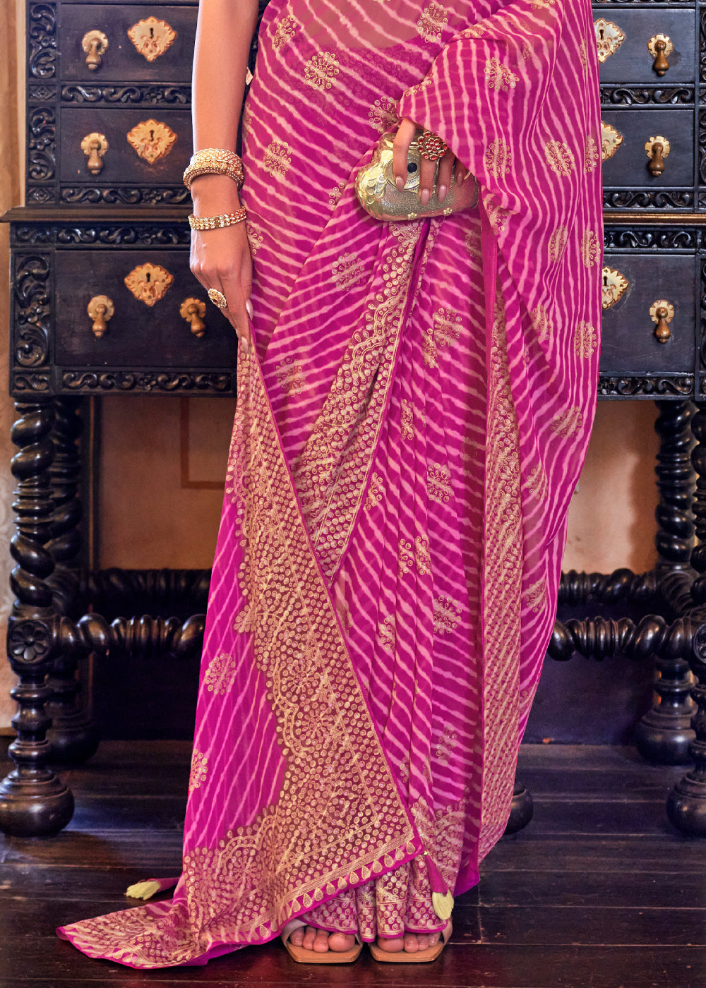 Brilliant Rose Pink Lehariya Georgette Silk Saree