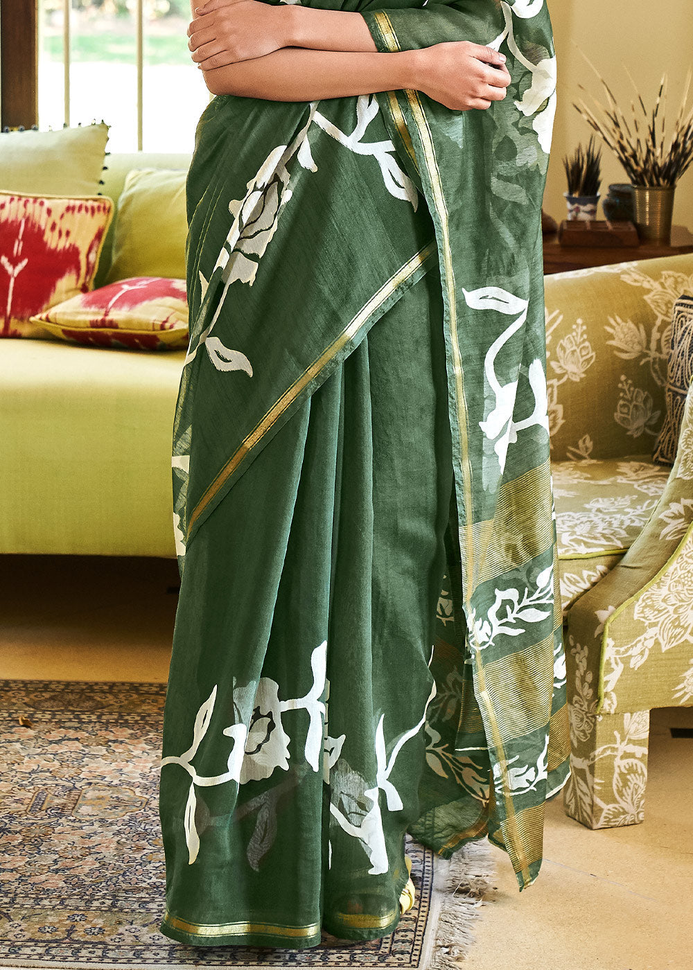 Everglade Green Cotton Linen Batik Printed Saree