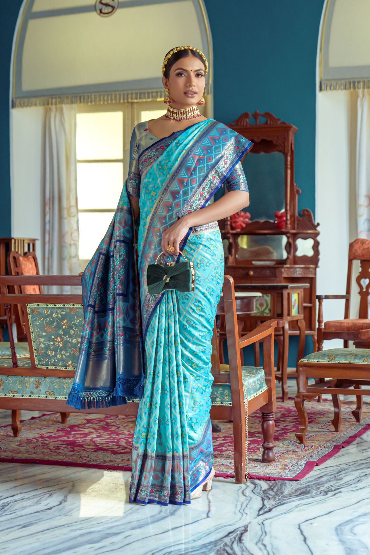 Robins Egg Blue Banarasi Patola Silk Saree