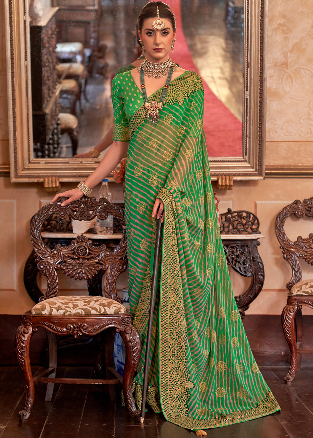 Green Smoke Lehariya Georgette Silk Saree