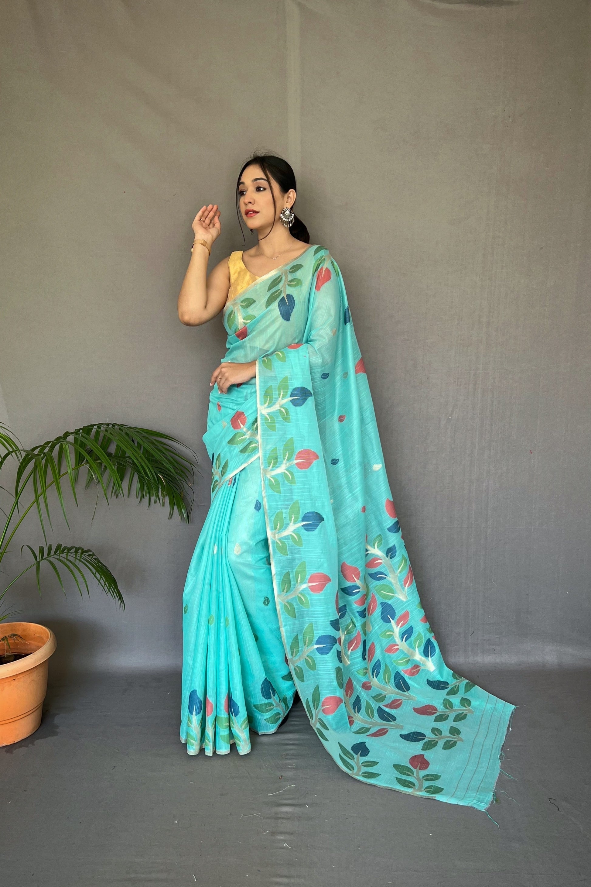 Aquamarine Blue Woven Cotton Jamdani Silk Saree