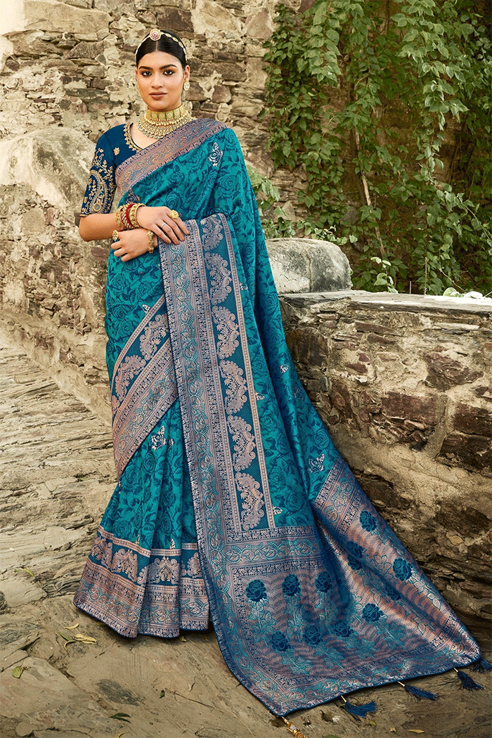 Elm Dark Blue Zari Woven Banarasi Saree