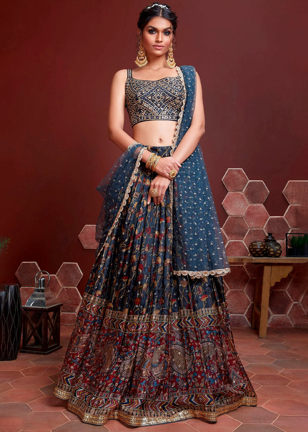 Alien Armpit Blue Printed Chinon Silk Lehenga Choli