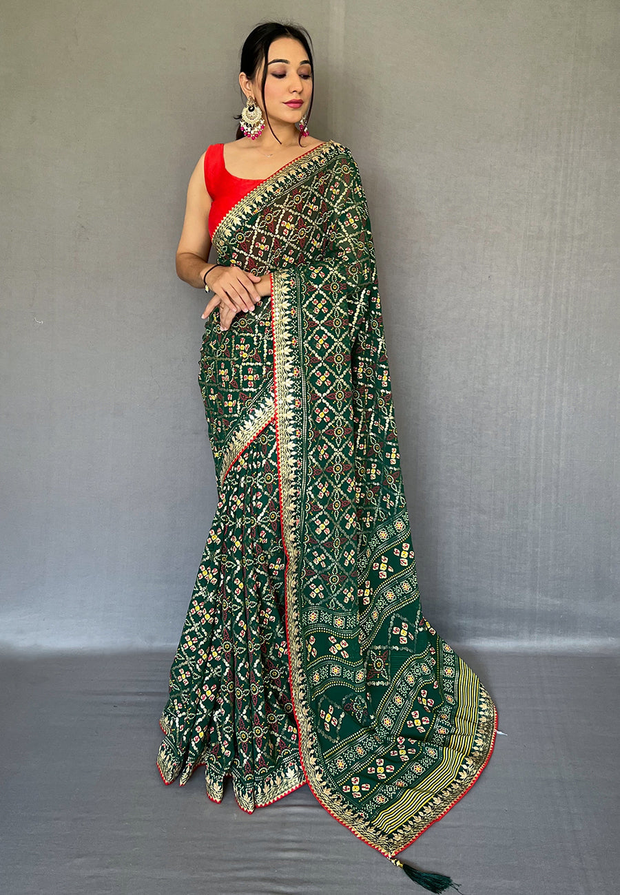 Stromboli Green Embroidered Georgette Bandhani Saree