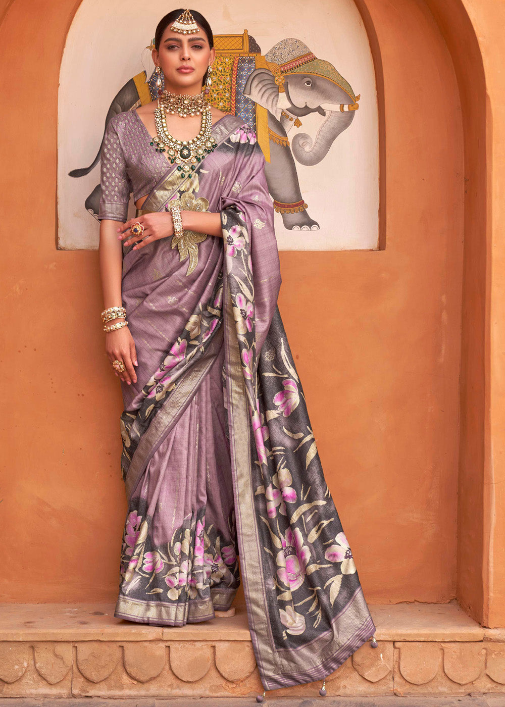 Brandy Rose Purple Soft Floral Printed Silk Saree