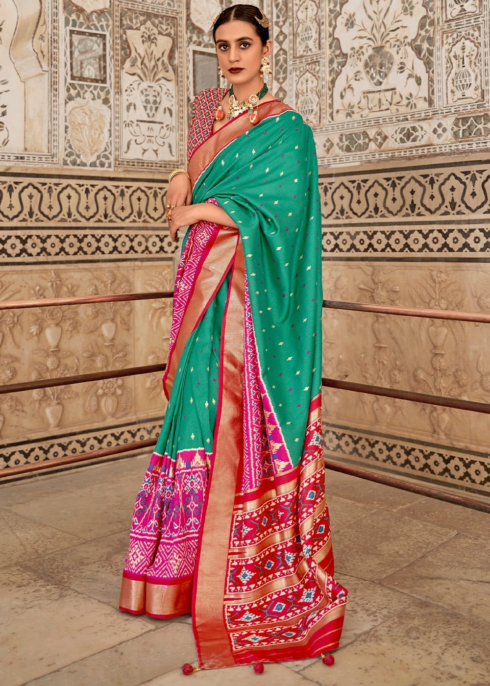 Elf Green and Pink Blue Cotton Patola Printed Saree